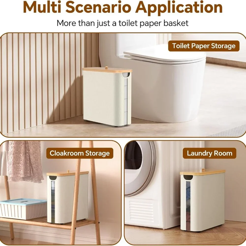 Toilet Paper Storage w/Bamboo Lid, 33.8L Foldable Toilet Paper Basket Organizer